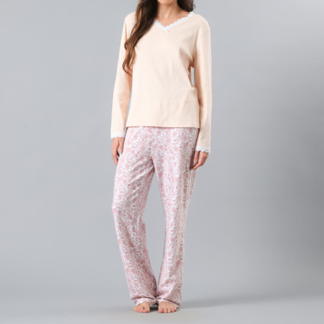 Pijama Escote V Rib Encaje 33466 Cream